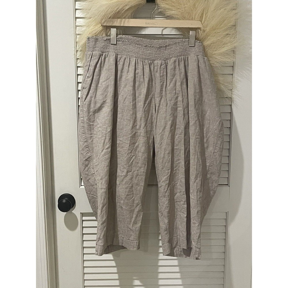 Catherines Pants Womens 2X Beige Capri Elastic Waist  Linen Blend 4 pocket